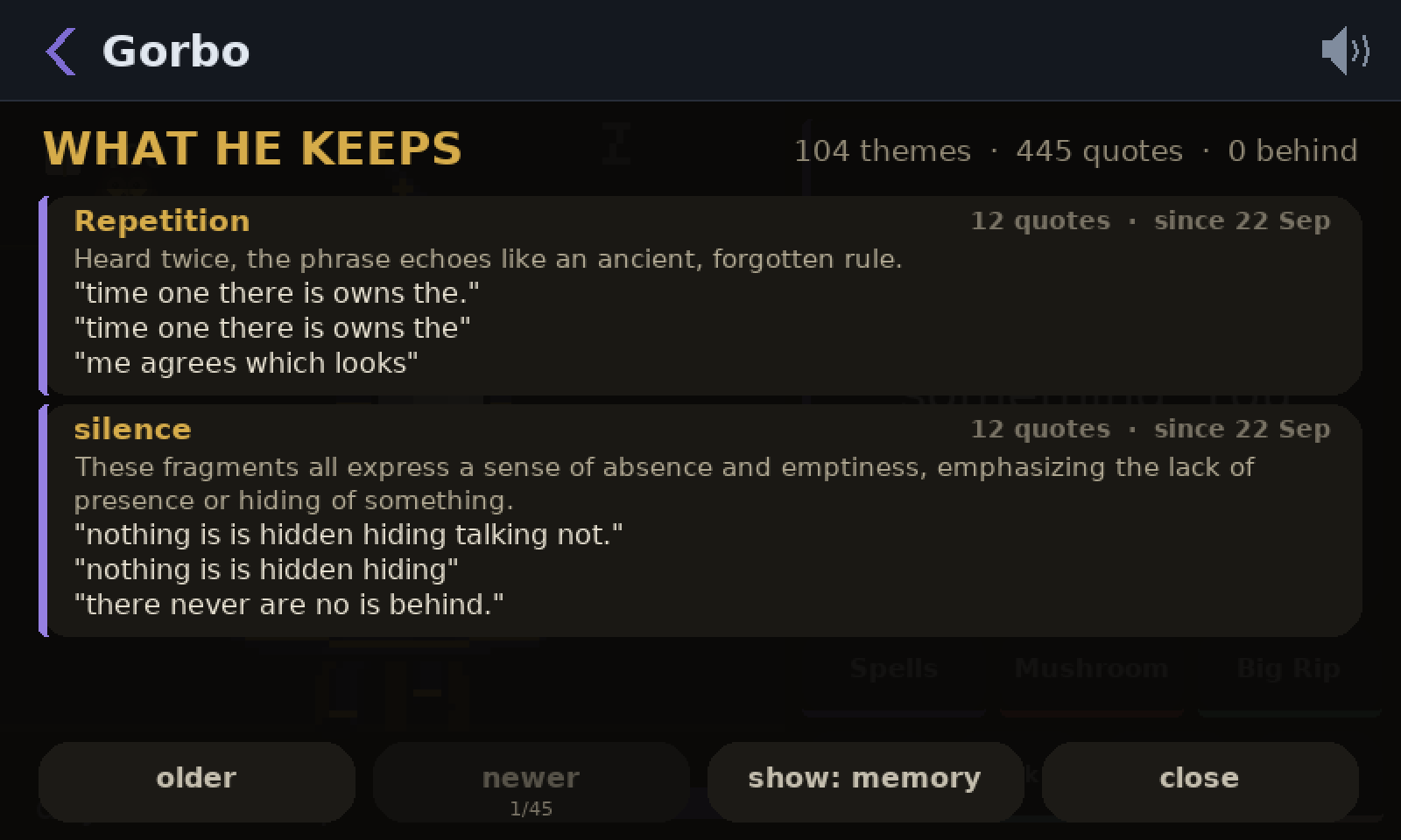 The What He Keeps page: 104 themes, 445 quotes. Two themes are showing, Repetition and silence, each with the quotes filed under it.