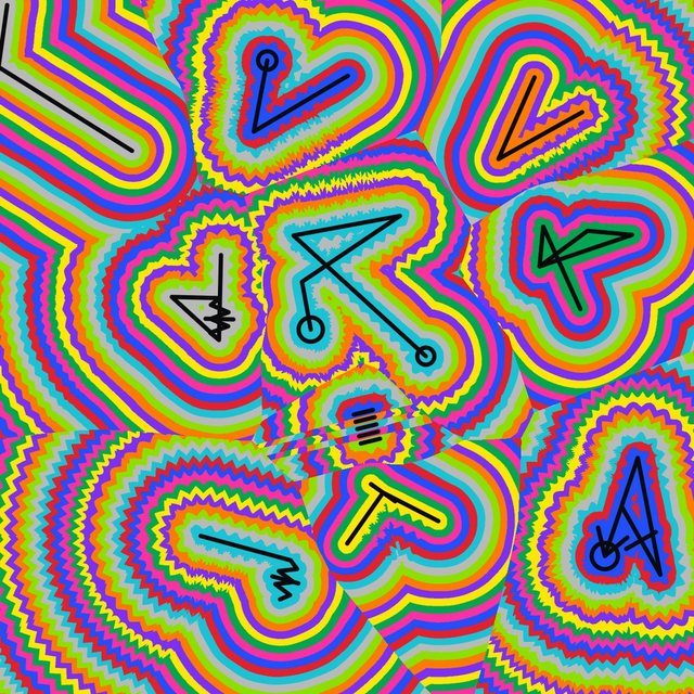 Small black sigils, each wrapped in dozens of thin zigzag rings in clashing yellow, orange, violet and blue.
