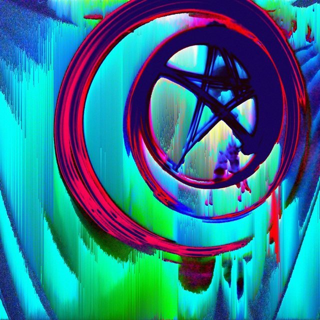 The same photograph with its colours folded over to cyan, green and crimson, and columns of pixels sorted into long drips.