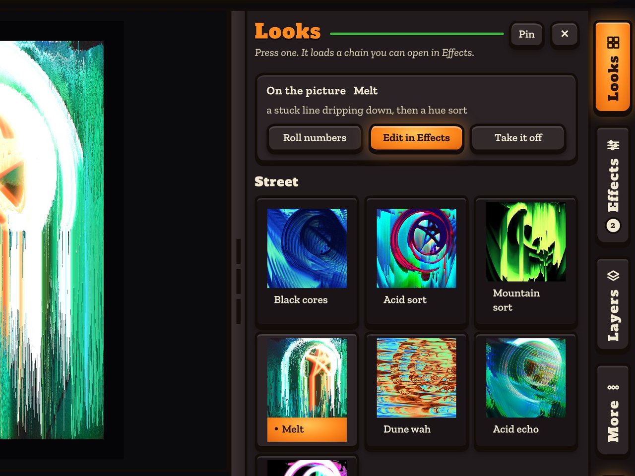 The Looks drawer: a strip naming the look on the picture with Roll numbers, Edit in Effects and Take it off, over a grid of small versions of the same picture, each glitched a different way.
