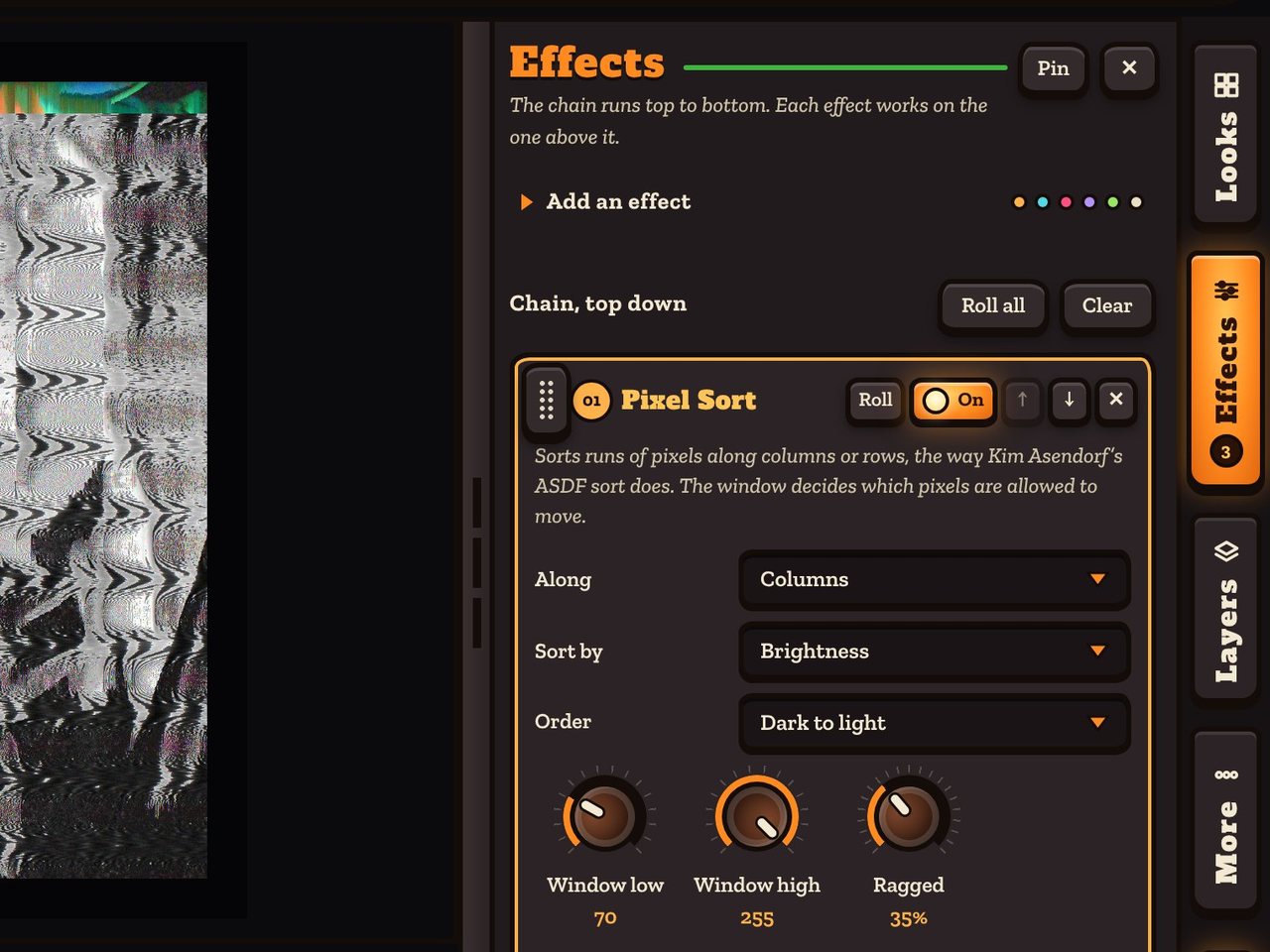 The Effects drawer: Add an effect, a chain with Roll all and Clear, and a Pixel Sort module open with choosers for direction and order and three dials.
