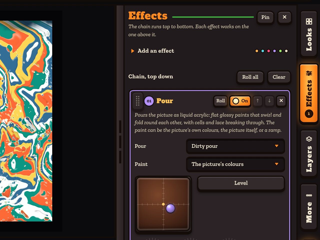 The Effects drawer with the Pour effect open: choosers for the kind of pour and the paint, a square tilt pad with a ball on it, a Level button, and dials for Run across, Run down and Cells. The picture beside it has become swirls of teal, orange, yellow and white paint.
