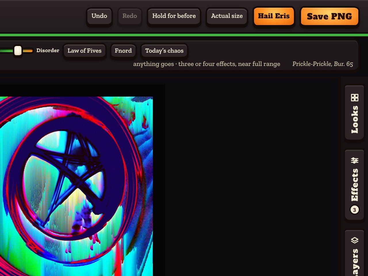 The top right of Pumpkinhead: Undo, Redo, Hold for before, Actual size, Hail Eris and Save PNG, above a glitched picture.